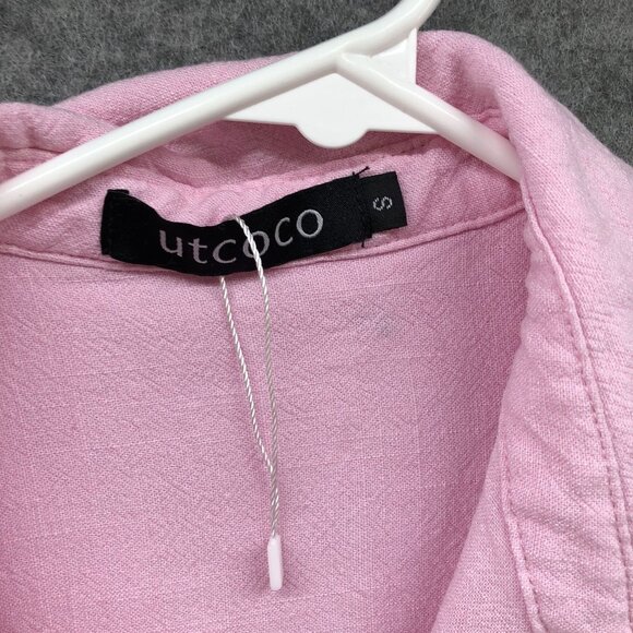 Utcoco Cotton Linen Shirt Dress Womens S Pink Roll Tab Sleeve Midi Relaxed - Picture 5 of 10